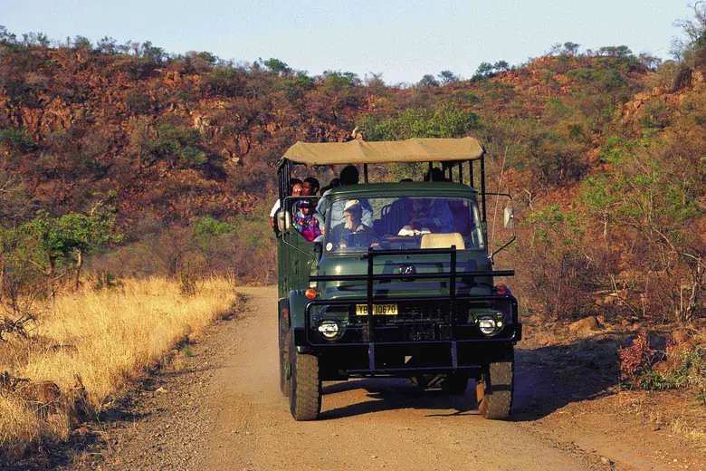 Veículo aberto de safári percorrendo a savana sul-africana