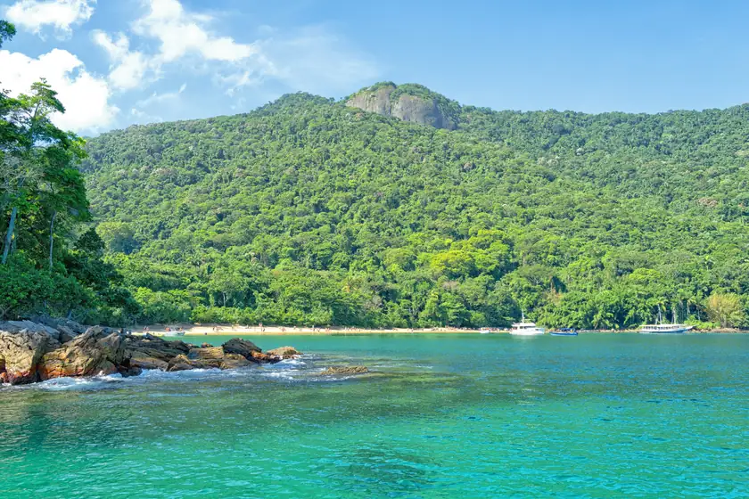 Praia de águas claras cercada de mata na Costa Verde