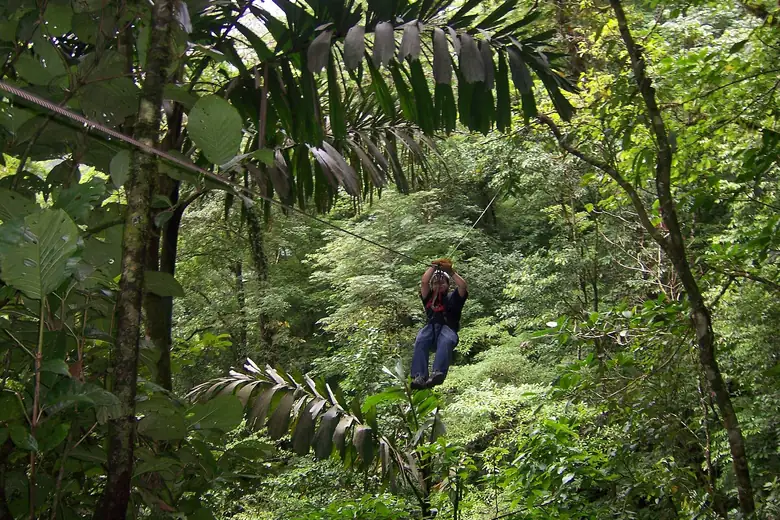 Tirolesa cruzando o vale acima das copas da floresta de Monteverde