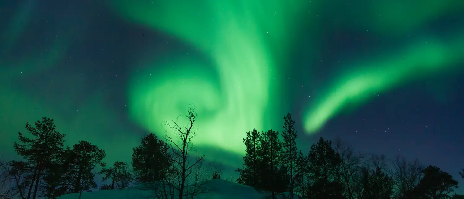 Aurora boreal verde sobre a floresta nevada da Lapônia finlandesa