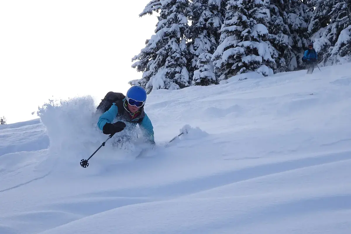 Esquiador descendo pista de neve fresca em Hokkaido