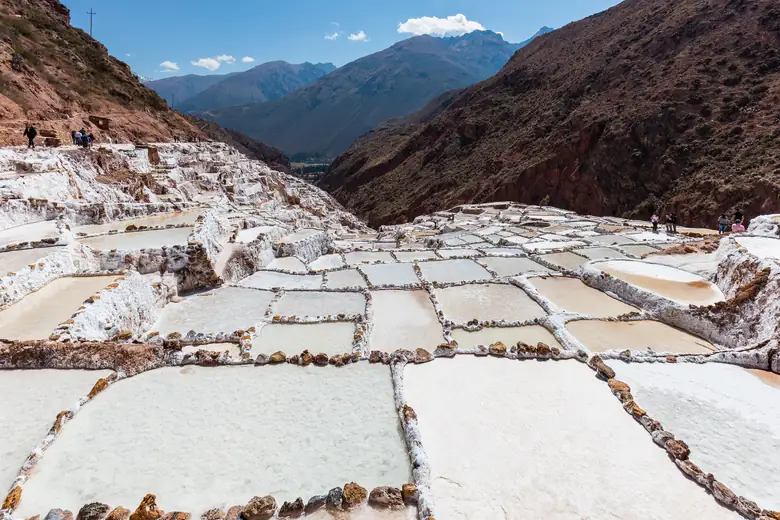 Milhares de poças de sal em tons de branco e rosa nas Salinas de Maras