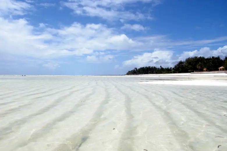 Águas rasas e cristalinas na maré baixa da costa leste de Zanzibar