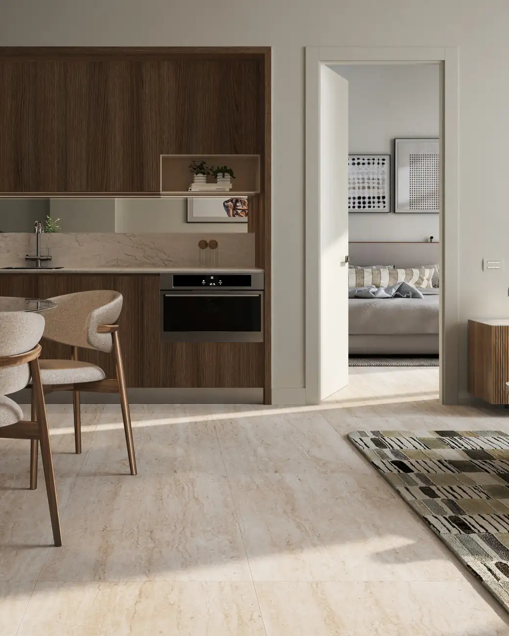 Cozinha e sala integradas de um flat do Domus Brickell Park