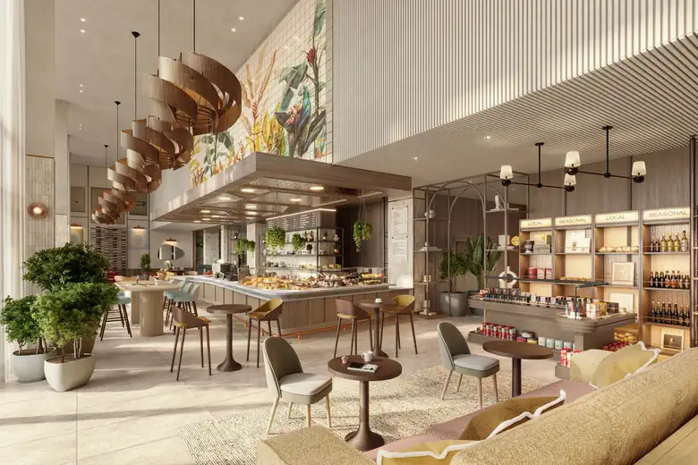 O The Peacock Room, lobby do Domus Brickell Park, com café e wine bar
